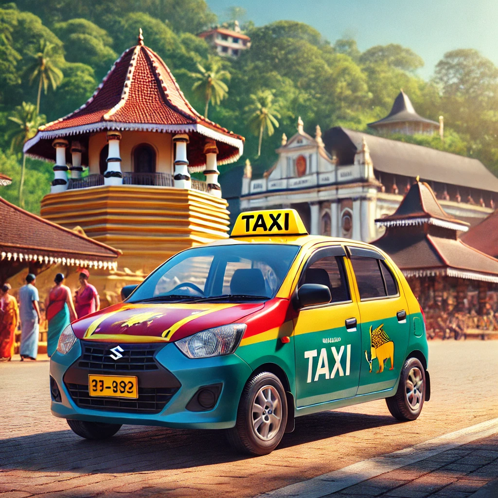 DALL·E 2025 04 06 22.36.32 A realistic photo of a Sri Lankan style taxi vehicle in Kandy Sri Lanka with the Temple of the Tooth Sri Dalada Maligawa in the background. The ve