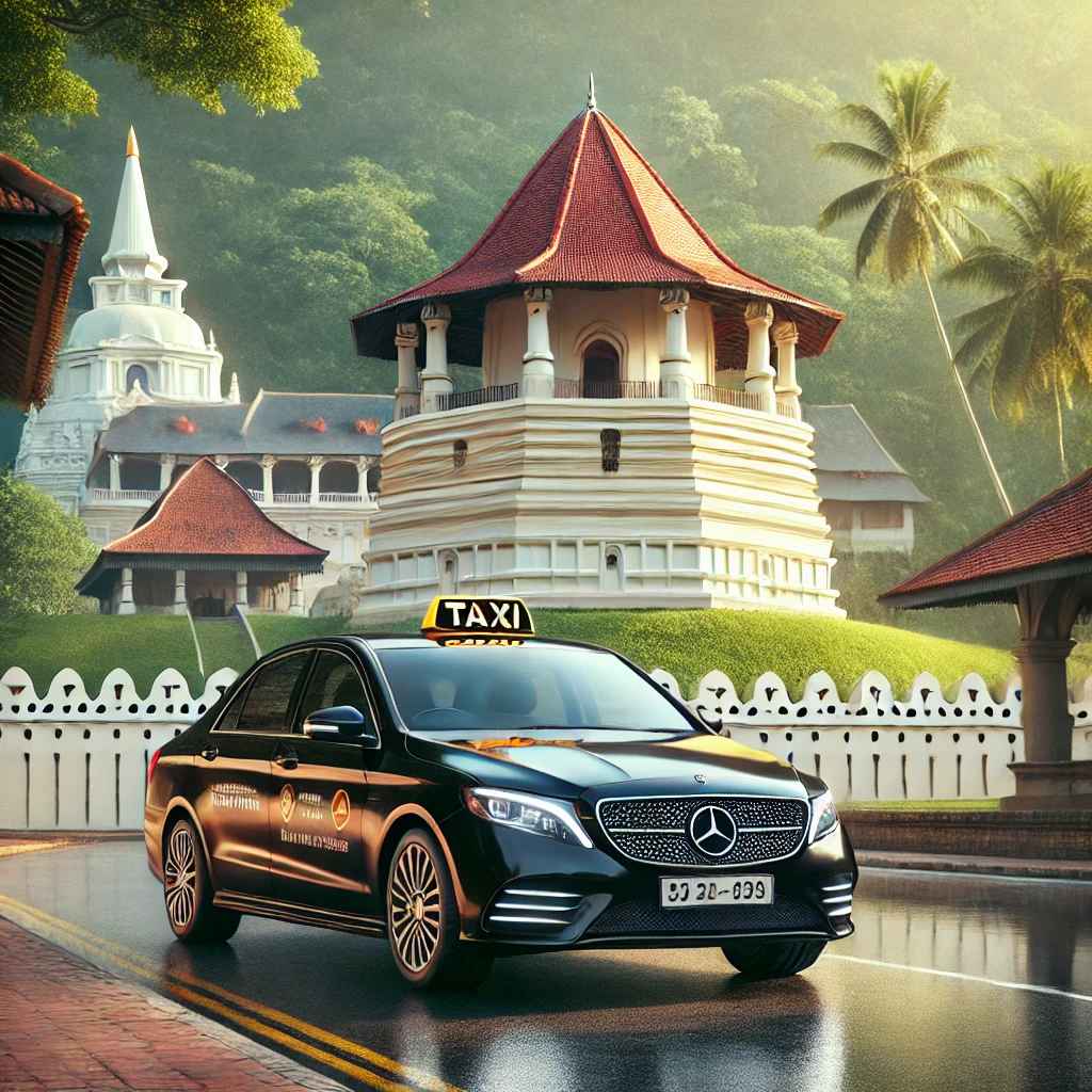 DALL·E 2025 04 06 23.16.22 Ultra realistic digital artwork of a luxury black taxi car Mercedes Benz style parked in front of the Temple of the Tooth Sri Dalada Maligawa in K
